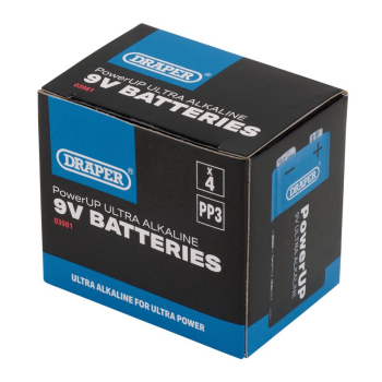 Draper BATT/PP3/9V/4 Draper PowerUP Ultra Alkaline 9V Batteries (Pack of 4) - Code: 03981 - Pack Qty 1