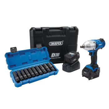 Draper PTKD20/OCT2 D20 20V Brushless Mid-Torque Impact Wrench Kit, 1/2 inch  Sq. Dr, 400Nm, & Metric Deep Impact Socket Set (10 Piece) - Code: 04791 - Pack Qty 1