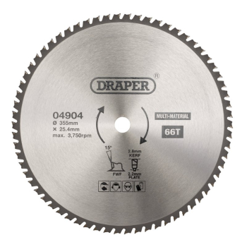 Draper SBM9 TCT Multi-Purpose Circular Saw Blade, 355 x 25.4mm, 66T - Code: 04904 - Pack Qty 1