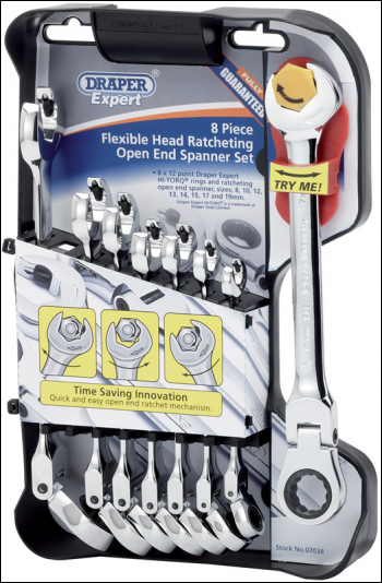 DRAPER Metric Combination Spanner Set with Flexible Head and Double Ratcheting Features (8 Piece) - Pack Qty 1 - Code: 07034