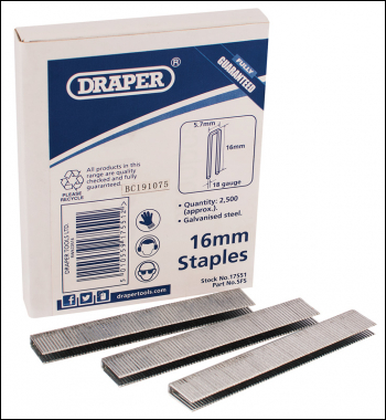 DRAPER 16mm Staples (2500) - Pack Qty 1 - Code: 17551