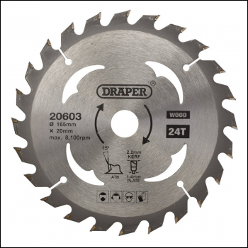 Draper SBW1 TCT Circular Saw Blade for Wood, 165 x 20mm, 24T - Code: 20603 - Pack Qty 1