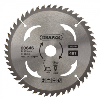 Draper SBW2 TCT Circular Saw Blade for Wood, 165 x 20mm, 48T - Code: 20646 - Pack Qty 1
