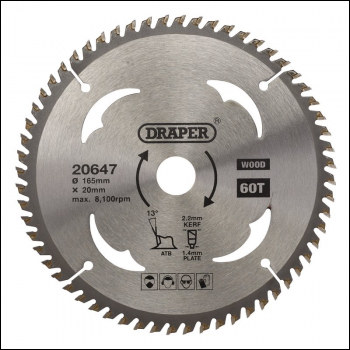 Draper SBW3 TCT Circular Saw Blade for Wood, 165 x 20mm, 60T - Code: 20647 - Pack Qty 1