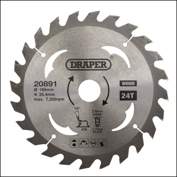 Draper SBW4 TCT Circular Saw Blade for Wood, 185 x 25.4mm, 24T - Code: 20891 - Pack Qty 1