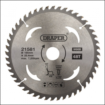 Draper SBW5 TCT Circular Saw Blade for Wood, 185 x 25.4mm, 48T - Code: 21581 - Pack Qty 1