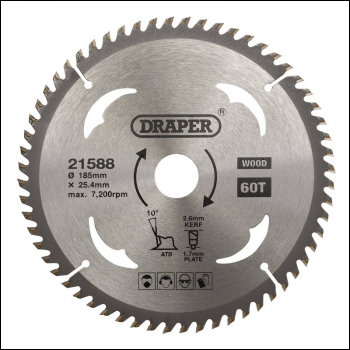 Draper SBW6 TCT Circular Saw Blade for Wood, 185 x 25.4mm, 60T - Code: 21588 - Pack Qty 1