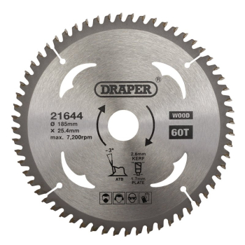 Draper SBW7 TCT Circular Saw Blade for Laminate & Wood, 185 x 25.4mm, 60T - Code: 21644 - Pack Qty 1