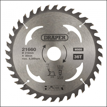Draper SBW8 TCT Circular Saw Blade for Wood, 210 x 30mm, 36T - Code: 21660 - Pack Qty 1