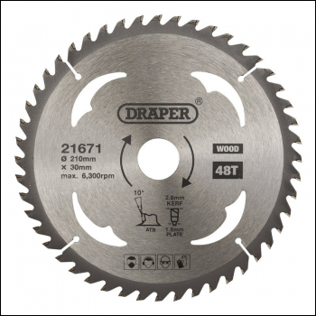 Draper SBW9 TCT Circular Saw Blade for Wood, 210 x 30mm, 48T - Code: 21671 - Pack Qty 1