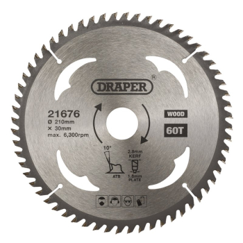 Draper SBW10 TCT Circular Saw Blade for Wood, 210 x 30mm, 60T - Code: 21676 - Pack Qty 1