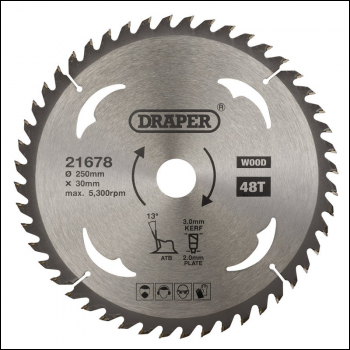Draper SBW11 TCT Circular Saw Blade for Wood, 250 x 30mm, 48T - Code: 21678 - Pack Qty 1