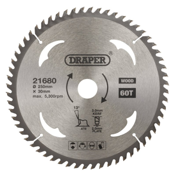 Draper SBW12 TCT Circular Saw Blade for Wood, 250 x 30mm, 60T - Code: 21680 - Pack Qty 1