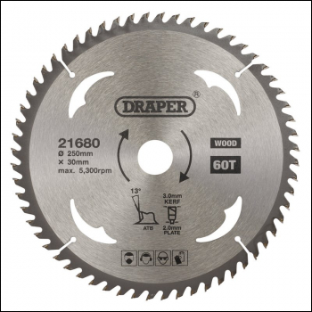 Draper SBW12 TCT Circular Saw Blade for Wood, 250 x 30mm, 60T - Code: 21680 - Pack Qty 1