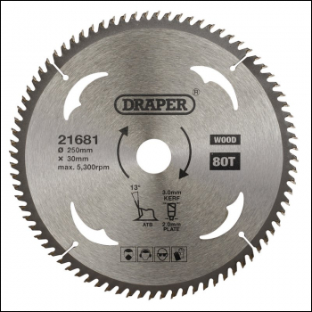 Draper SBW13 TCT Circular Saw Blade for Wood, 250 x 30mm, 80T - Code: 21681 - Pack Qty 1