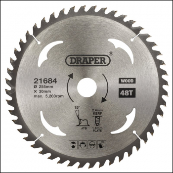 Draper SBW14 TCT Circular Saw Blade for Wood, 255 x 30mm, 48T - Code: 21684 - Pack Qty 1