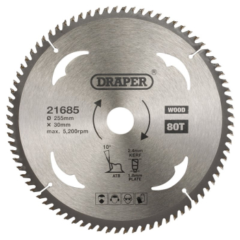 Draper SBW15 TCT Circular Saw Blade for Wood, 255 x 30mm, 80T - Code: 21685 - Pack Qty 1