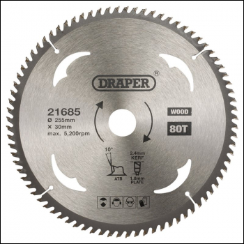 Draper SBW15 TCT Circular Saw Blade for Wood, 255 x 30mm, 80T - Code: 21685 - Pack Qty 1