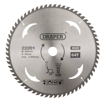 Draper SBW16 TCT Circular Saw Blade for Wood, 305 x 30mm, 64T - Code: 22201 - Pack Qty 1