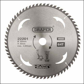 Draper SBW16 TCT Circular Saw Blade for Wood, 305 x 30mm, 64T - Code: 22201 - Pack Qty 1