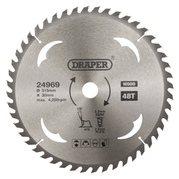 Draper SBW18 TCT Circular Saw Blade for Wood, 315 x 30mm, 48T - Code: 24969 - Pack Qty 1