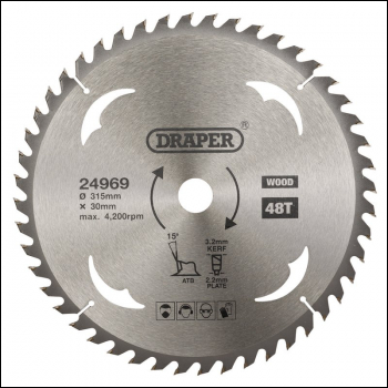 Draper SBW18 TCT Circular Saw Blade for Wood, 315 x 30mm, 48T - Code: 24969 - Pack Qty 1
