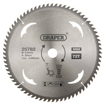 Draper SBW19 TCT Circular Saw Blade for Wood, 315 x 30mm, 72T - Code: 25782 - Pack Qty 1