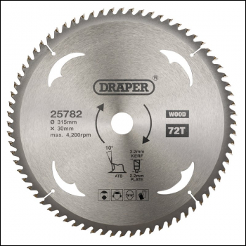 Draper SBW19 TCT Circular Saw Blade for Wood, 315 x 30mm, 72T - Code: 25782 - Pack Qty 1