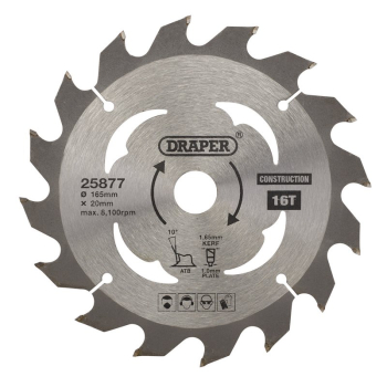 Draper SBC1 TCT Cordless Construction Circular Saw Blade for Wood & Composites, 165 x 20mm, 16T - Code: 25877 - Pack Qty 1