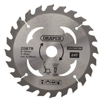 Draper SBC2 TCT Cordless Construction Circular Saw Blade for Wood & Composites, 165 x 20mm, 24T - Code: 25879 - Pack Qty 1