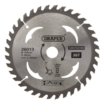 Draper SBC3 TCT Cordless Construction Circular Saw Blade for Wood & Composites, 165 x 20mm, 36T - Code: 26013 - Pack Qty 1