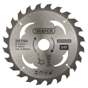 Draper SBC4 TCT Construction Circular Saw Blade, 216 x 30mm, 24T - Code: 26194 - Pack Qty 1