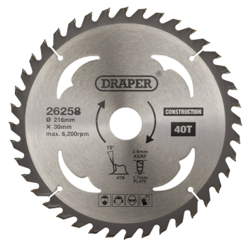 Draper SBC5 TCT Construction Circular Saw Blade, 216 x 30mm, 40T - Code: 26258 - Pack Qty 1