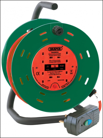 DRAPER 230V Four Socket Garden Cable Reel with RCD Adaptor, 25m - Pack Qty 1 - Code: 26341
