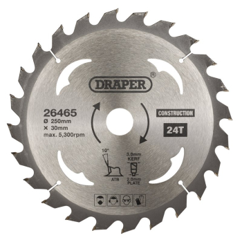 Draper SBC6 TCT Construction Circular Saw Blade, 250 x 30mm, 24T - Code: 26465 - Pack Qty 1