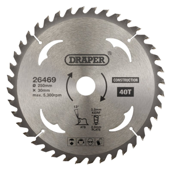 Draper SBC7 TCT Construction Circular Saw Blade, 250 x 30mm, 40T - Code: 26469 - Pack Qty 1