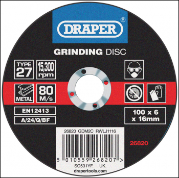 DRAPER Grinding Disc with Depressed Centre Bore, 100 x 6 x 16mm - Pack Qty 1 - Code: 26820