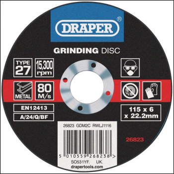 Draper GDM2C Grinding Disc with Depressed Centre Bore, 115 x 6 x 22.2mm - Code: 26823 - Pack Qty 1