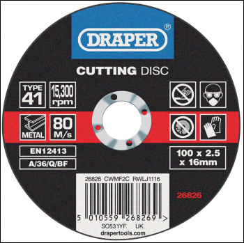 DRAPER Flat Metal Cutting Discs, 100 x 2.5 x 16mm - Pack Qty 1 - Code: 26826