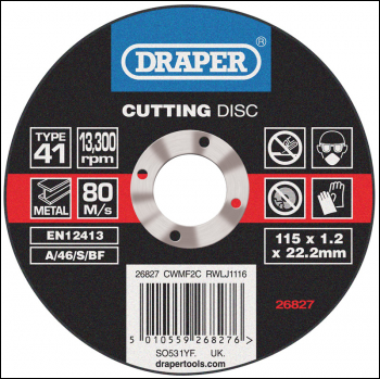 DRAPER Flat Metal Cutting Discs, 115 x 1.2 x 22.2mm - Pack Qty 1 - Code: 26827