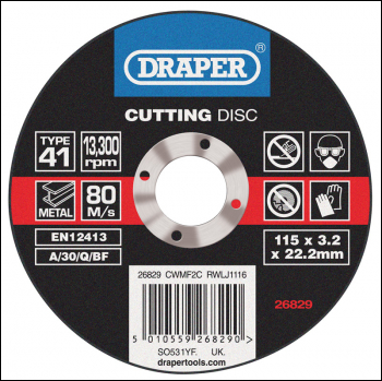 DRAPER Flat Metal Cutting Discs, 115 x 3 x 22.2mm - Pack Qty 1 - Code: 26829