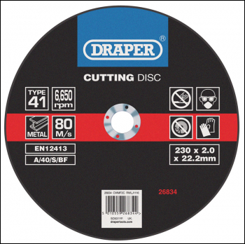 DRAPER Flat Metal Cutting Discs, 230 x 2 x 22.2mm - Pack Qty 1 - Code: 26834