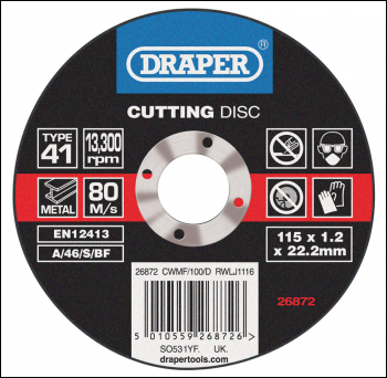 DRAPER Flat Metal Cutting Discs, 115 x 22.2 x 1.2mm (Pack of 100) - Pack Qty 1 - Code: 26872