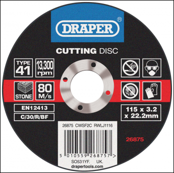 DRAPER Flat Stone Cutting Discs, 115 x 3.2 x 22.2mm - Pack Qty 1 - Code: 26875
