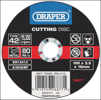 DRAPER Depressed Centre Metal Cutting Discs, 100 x 2.5 x 16mm - Pack Qty 1 - Code: 26877