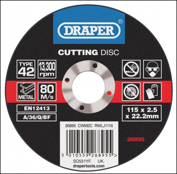 DRAPER Depressed Centre Metal Cutting Discs, 115 x 2.5 x 22.2mm - Pack Qty 1 - Code: 26895