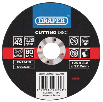 DRAPER Depressed Centre Metal Cutting Discs (125 x 3.2 x 22.2mm) - Pack Qty 1 - Code: 26899