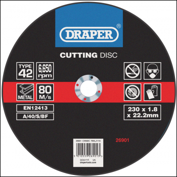 DRAPER Depressed Centre Metal Cutting Discs, 230 x 1.8 x 22.2mm - Pack Qty 1 - Code: 26901