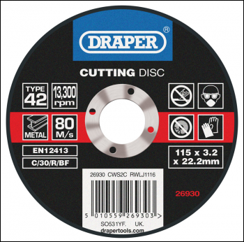 DRAPER Depressed Centre Stone Cutting Discs (115 x 3.2 x 22.2mm) - Pack Qty 1 - Code: 26930