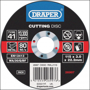 DRAPER INO x Cutting Disc (115 x 3.0 x 22.2mm) - Pack Qty 1 - Code: 26997